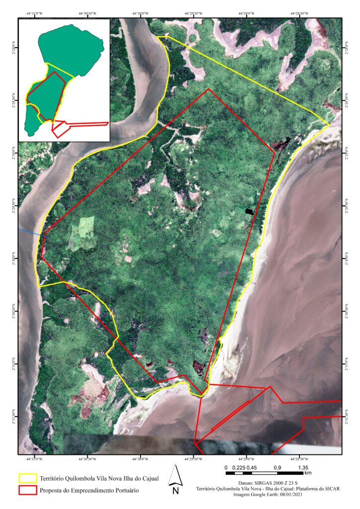 Mapa do projeto do porto sobre território quilombola na Ilha do Cajual